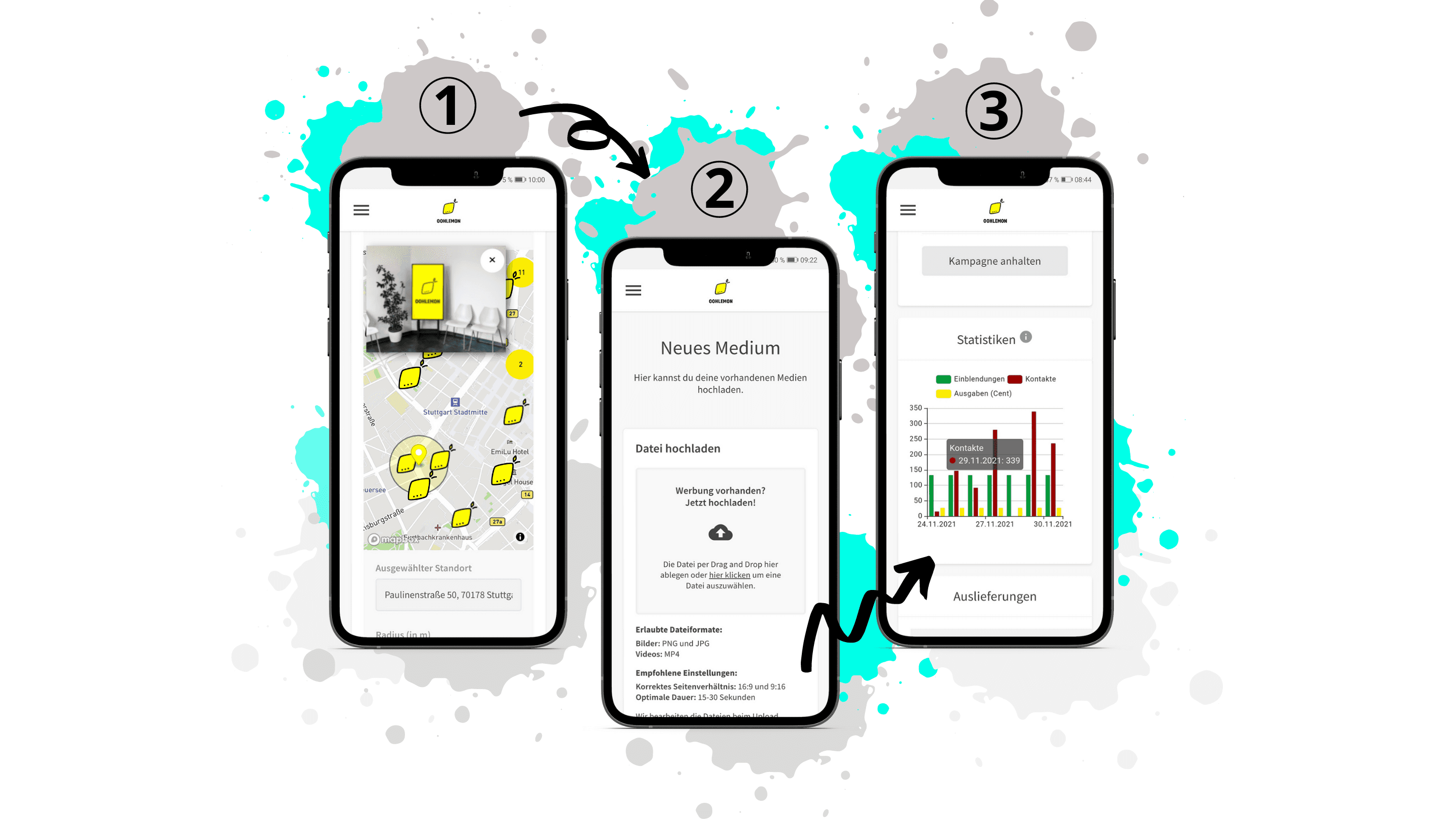 OOHLEMON App: Standort wählen, Medien hochladen, Statistiken verfolgen
